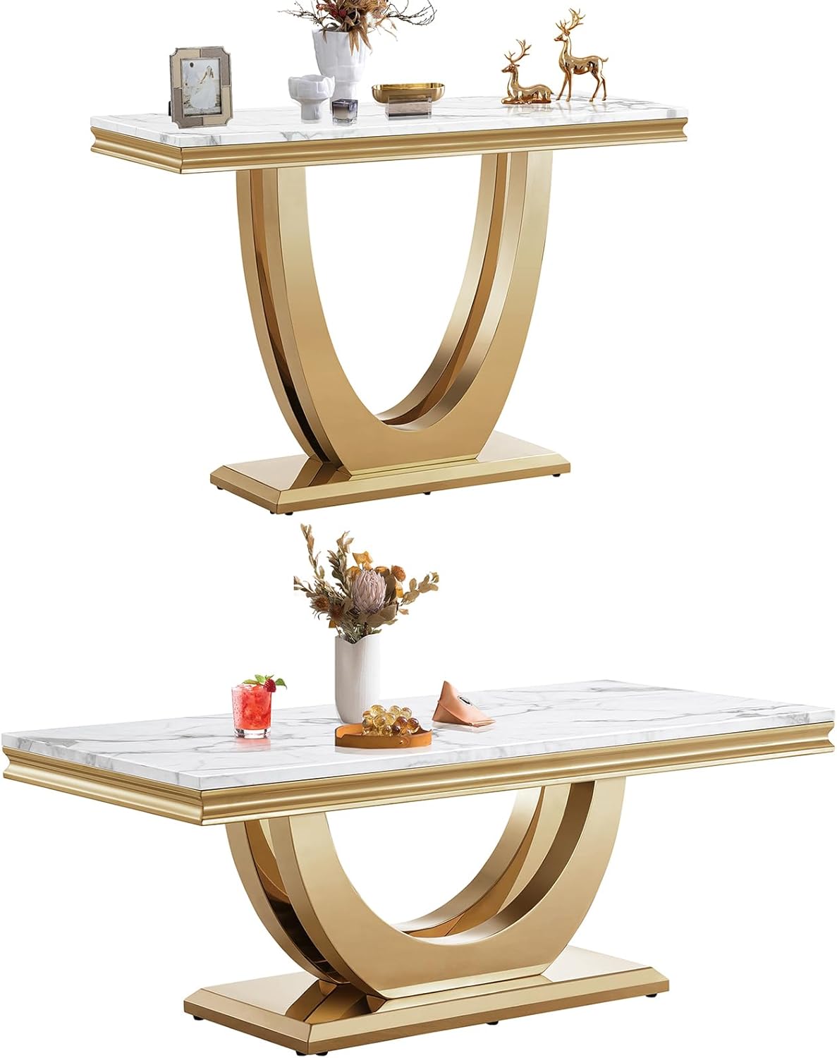 2 Piece Living Room Coffee Table Set, Modern Marble Coffee Table and Sofa Table Sets Includes 1 Coffee Table and 1 Console Table,White Faux Marble Top with Gold Stainless Steel Frame for Living Room