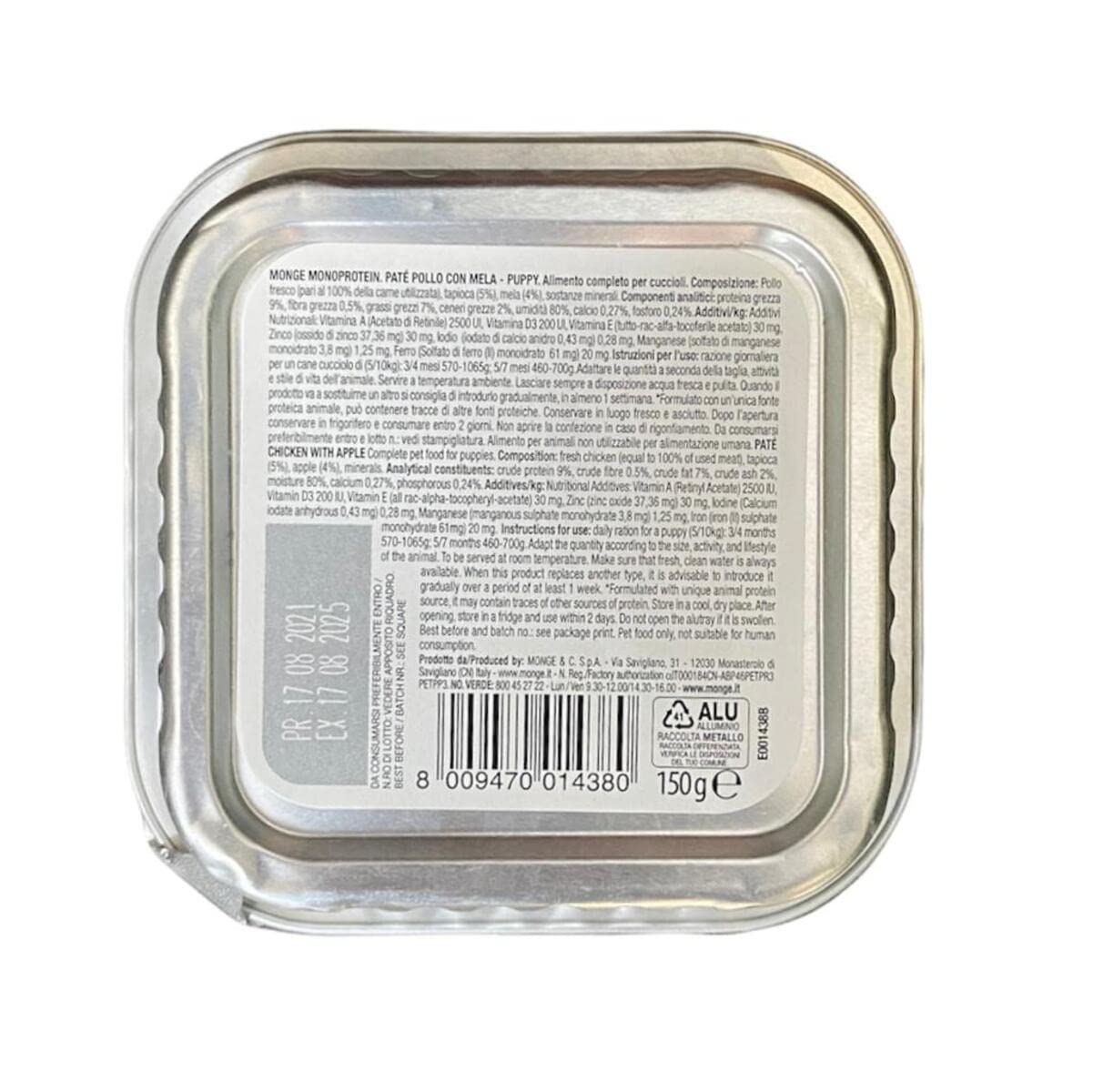 Monge Monoprotein Puppy Cibo umido per Cane Pollo con mela, senza coloranti, conservanti e zuccheri aggiunti. Confezione da 24 vaschette (1 = 150gr.)