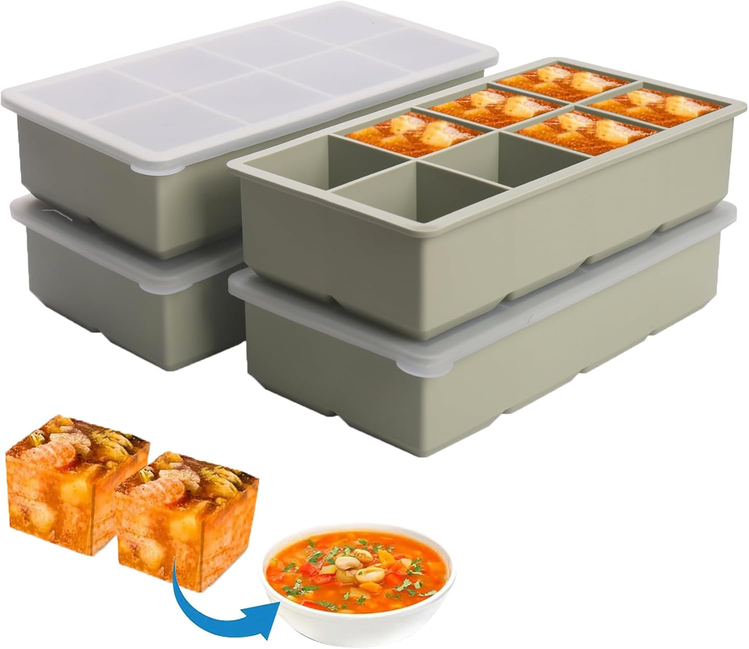 1/2 Cup Silicone Freezer Tray With Lid - Silicone Freezer Molds 4-Pack For meal prep & freezing of various sauces and other dishes, makes 32 perfect 1/2 cup portions cubes (Green 4 Pack)