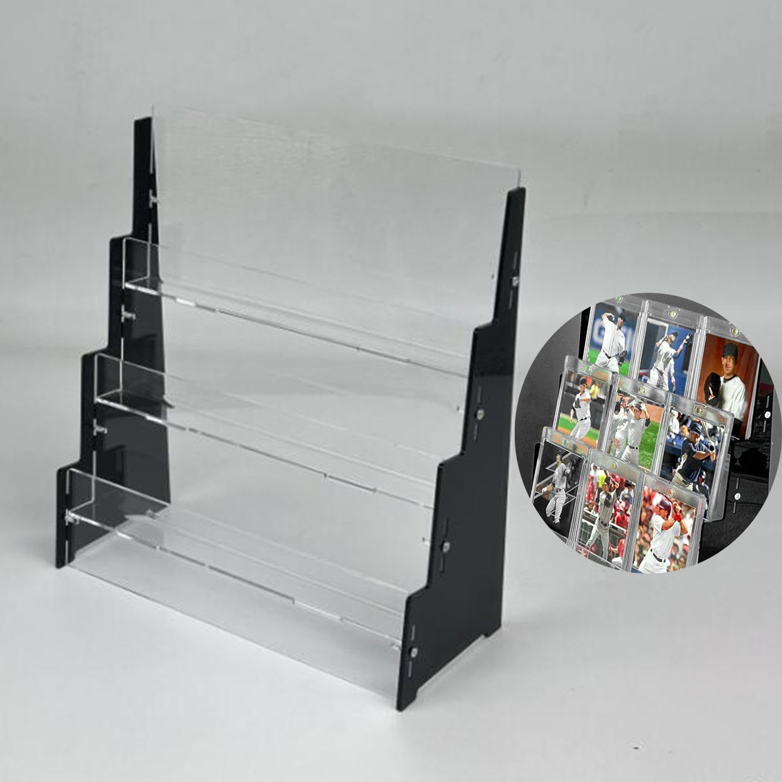 Amagogo Sport Cards Display Shelf 3 Tiers Showcase Sleeved Trading Cards Display Stand Games Card Storage Holder for Countertop Store, Black