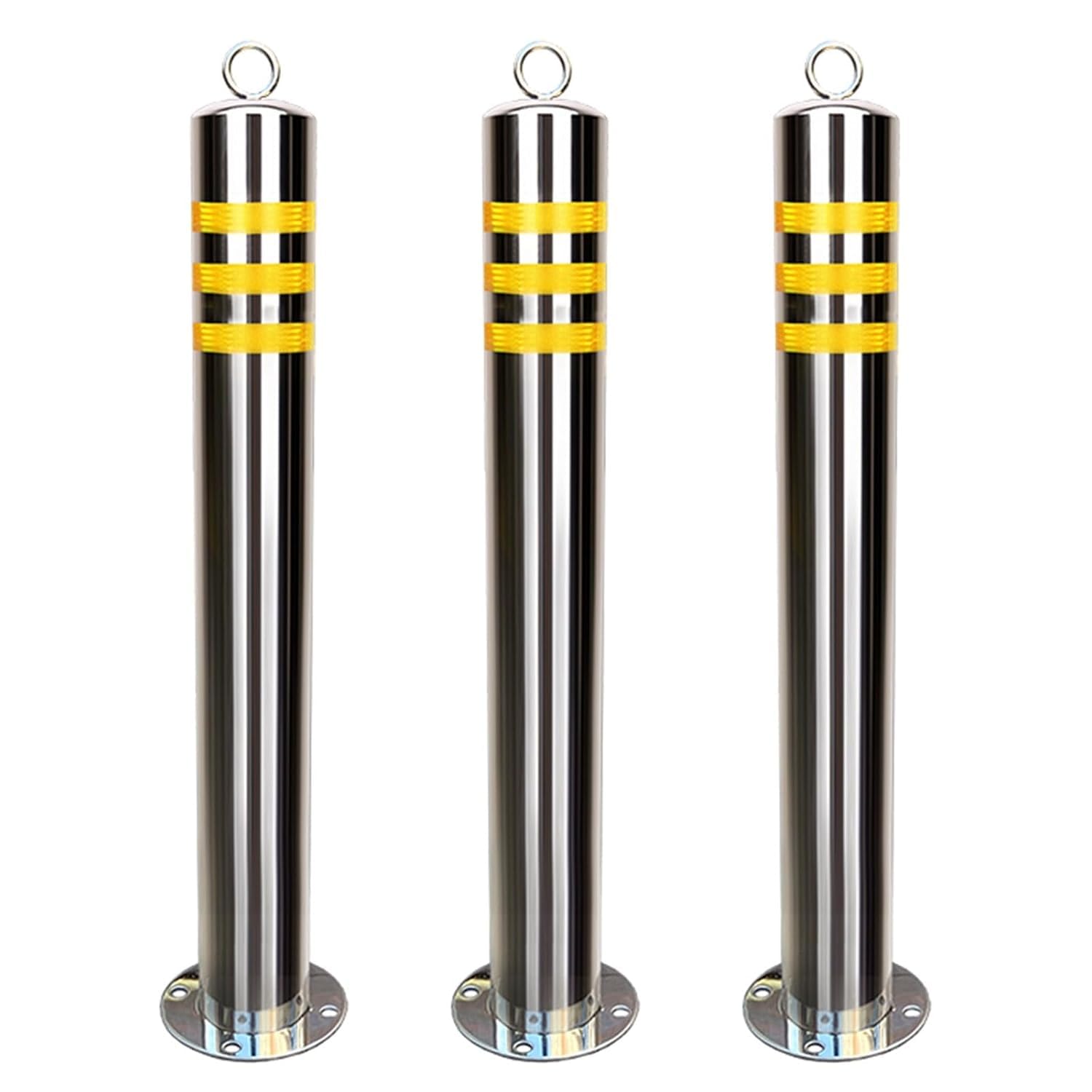 SGKOMN High Visibility Yellow Steel Bollard Post - Reflective Strip Parking Barrier with Hanging Ring for Driveway Safety & Traffic Control, 23.6 * 3in(3pcs)