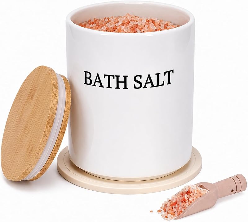 Qinpufu Conjunto de pote de cerâmica para sais de banho com tampa de madeira, colher e tapete antiderrapante, Branco-M