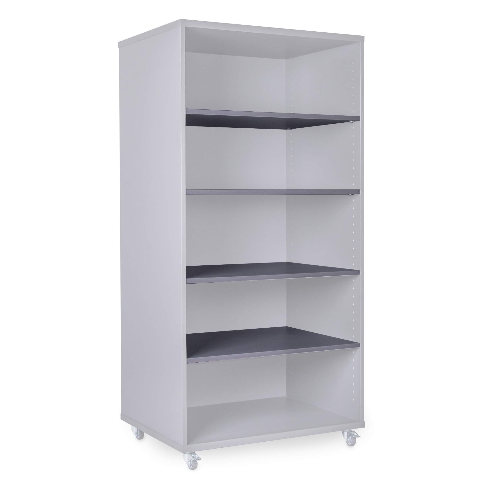 Eigentlich Rollbares Verkaufsregal B76 x H152 x T57 cm aus Holz Eiche modern mit 4 höhenverstellbaren Böden | massives Büroregal Lagerregal Archivregal Dekoregal mit 4 Gummirollen