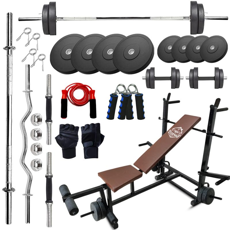 20KG Rubber Plates Combo with 8-in-1 Adjustable Bench with U-Hook, Curl Rod, Straight Bar, Dumbbells, Skipping Rope, Gloves & Gripper – Home Gym Fitness Kit-image-35