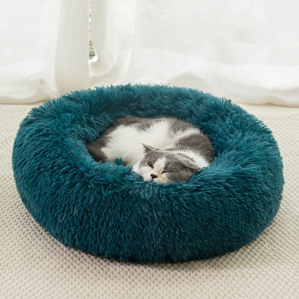 Calming Round Dog Bed, Plush Fluffy Donut Dog Bed for Small, Medium and Large Cats Dogs, Dog Bed Washable Soft and Fuzzy for Stress-Relief, Relaxation and Calm Cyan Blue 80cm