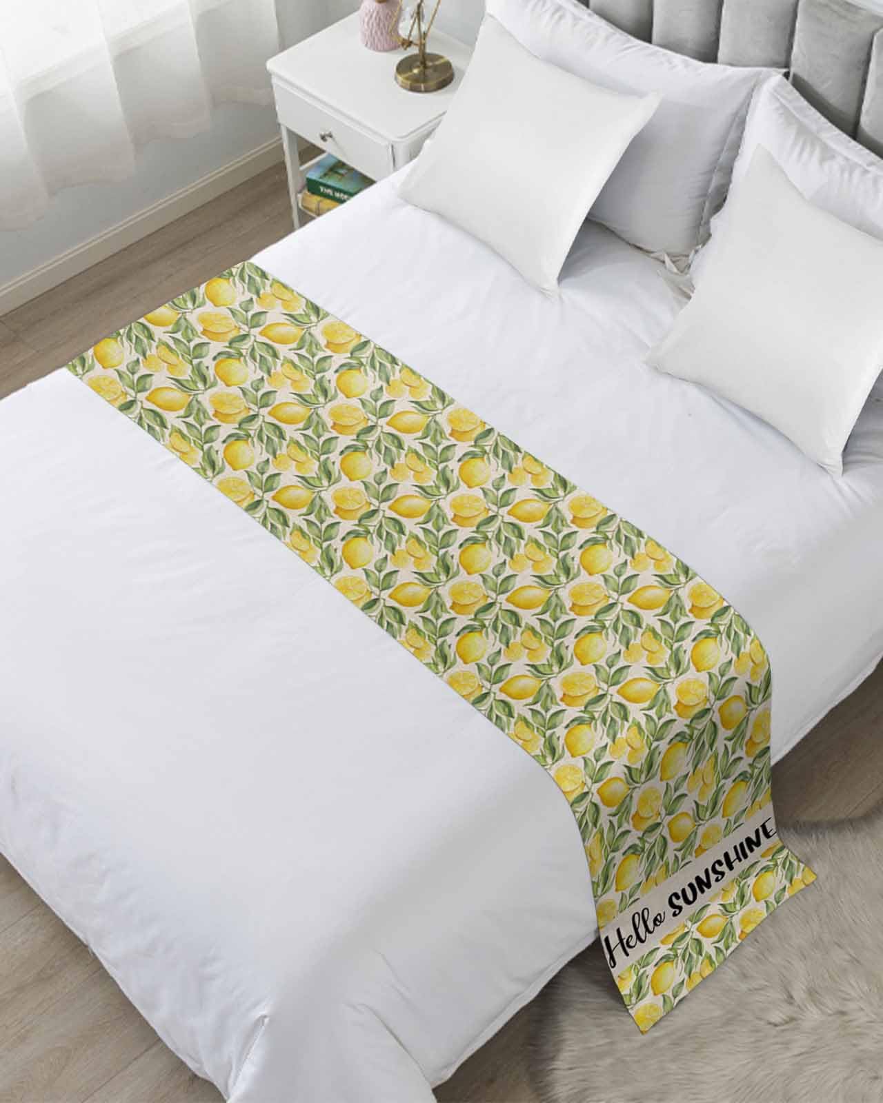Full Bed Runner Watercolor Lemon Leaves on Linen Bedding Runner Scarves Decorative Bed Scarf, Hello Summer Quote Soft Bed Runners for Bedroom Hotel Wedding 83x20IN