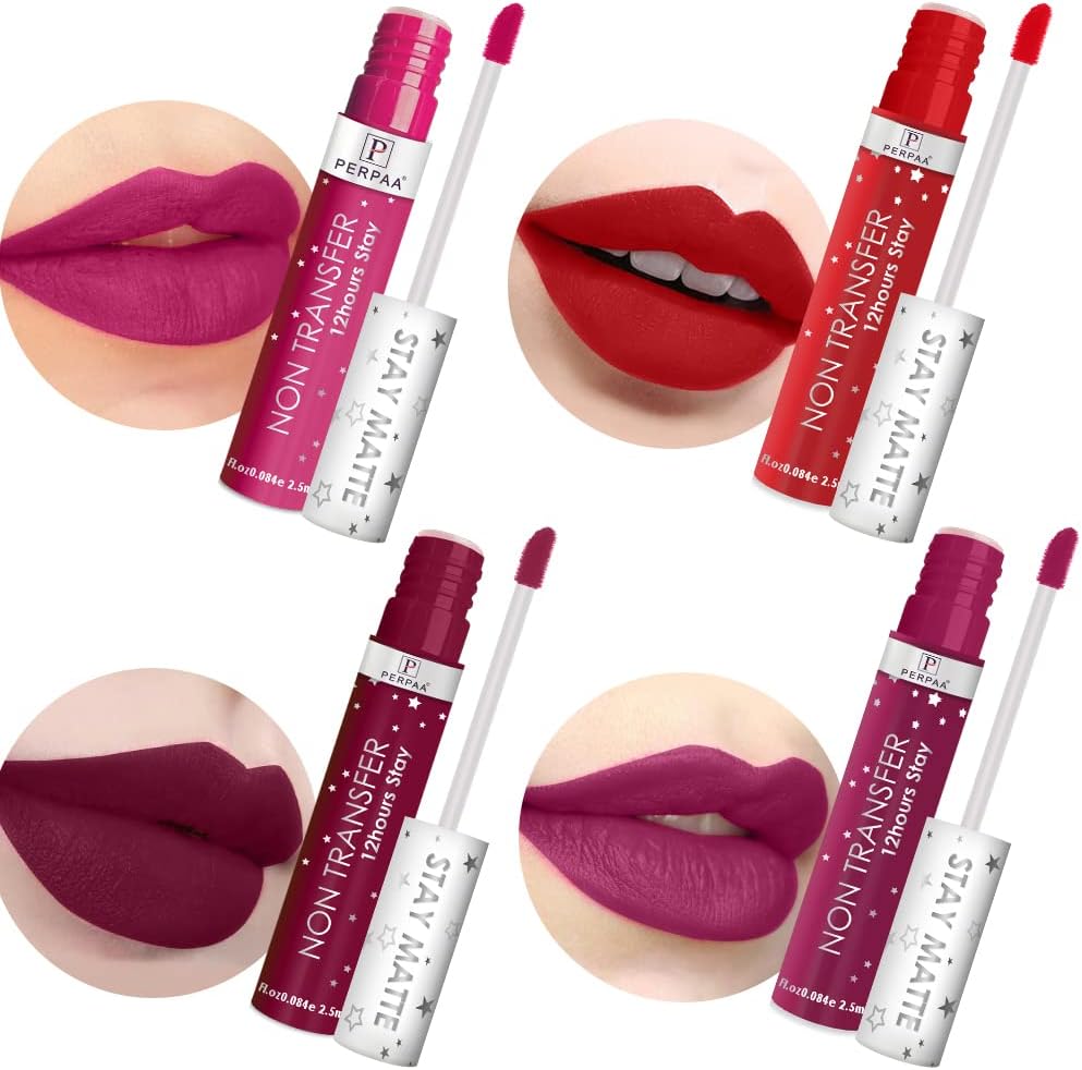 PERPAA Star Matte Liquid Lipstick Waterproof Non Transfer Smudge Proof Long Stay Set of 4,(2.5 ml each) (Hot Red, Pink Rose, Maroon Wine & Ruby Pink)