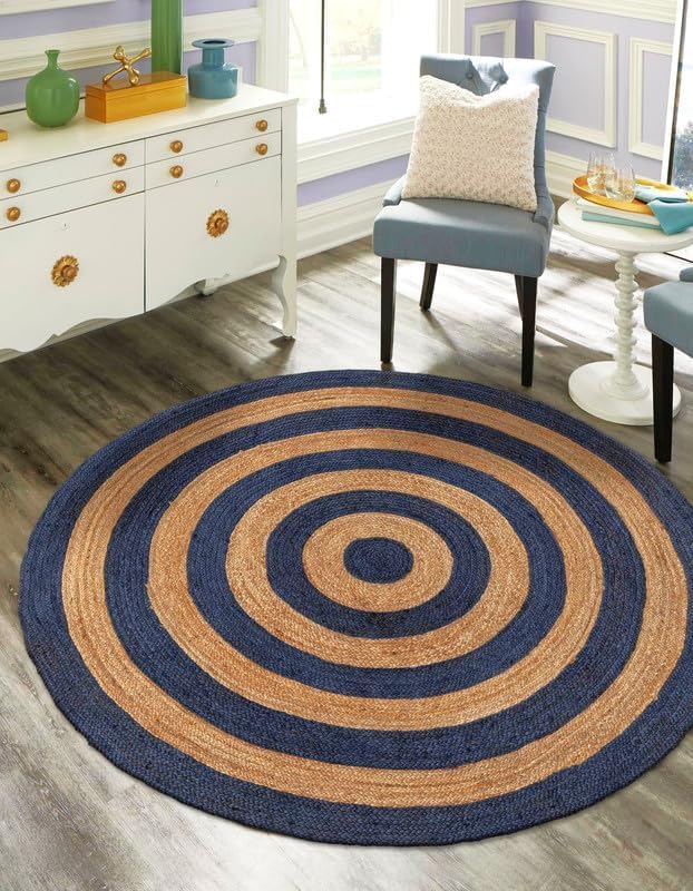 Tapis en jute bohème marine 300x300 cm pour cuisine et salle à manger