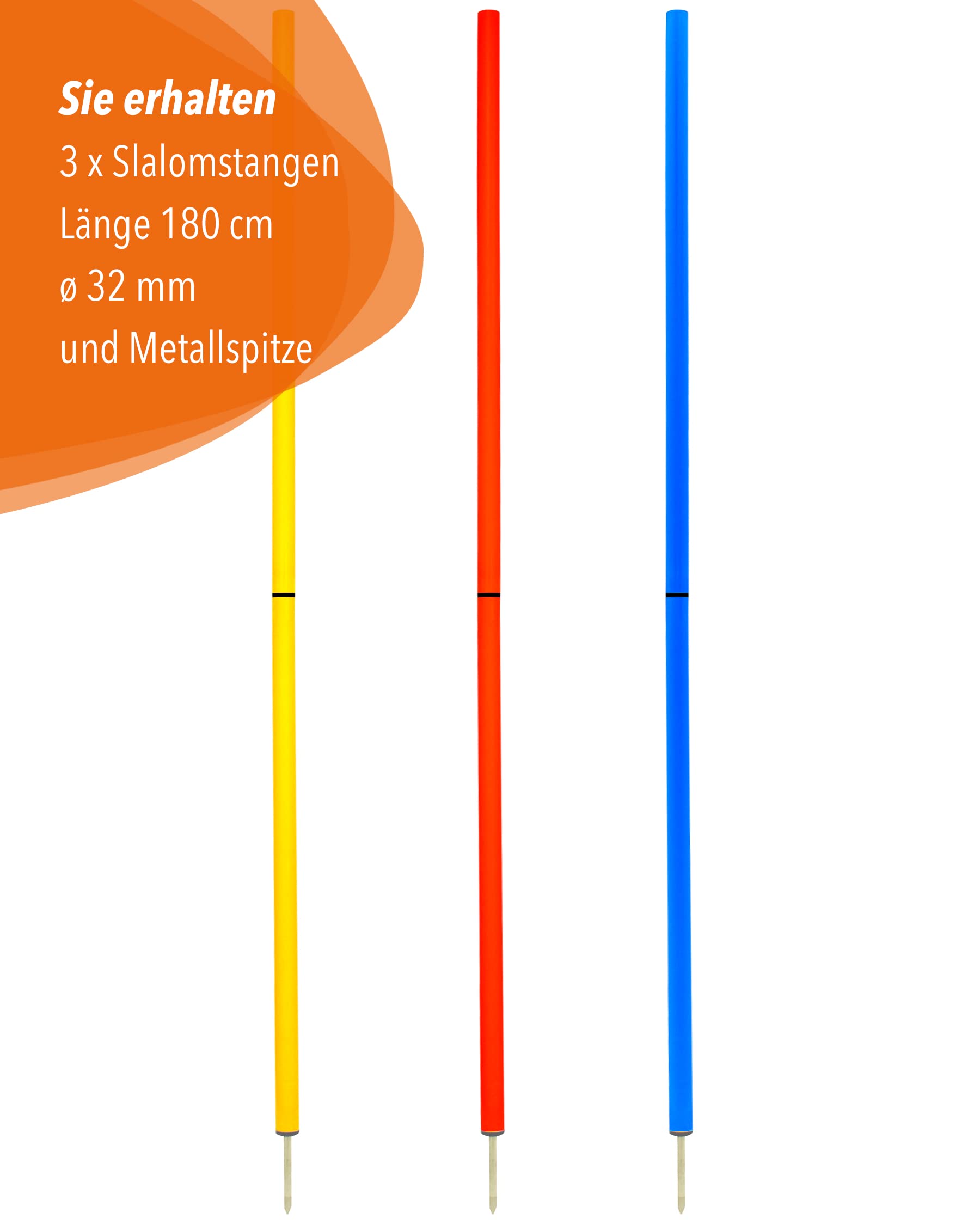 Slalomstangen 180 cm, ø 32 mm – 3er-Set – Trainingsstangen mit Metallspitze – Agility-Stangen – für Agility- & Koordinationstraining – für Fußball & Hundesport