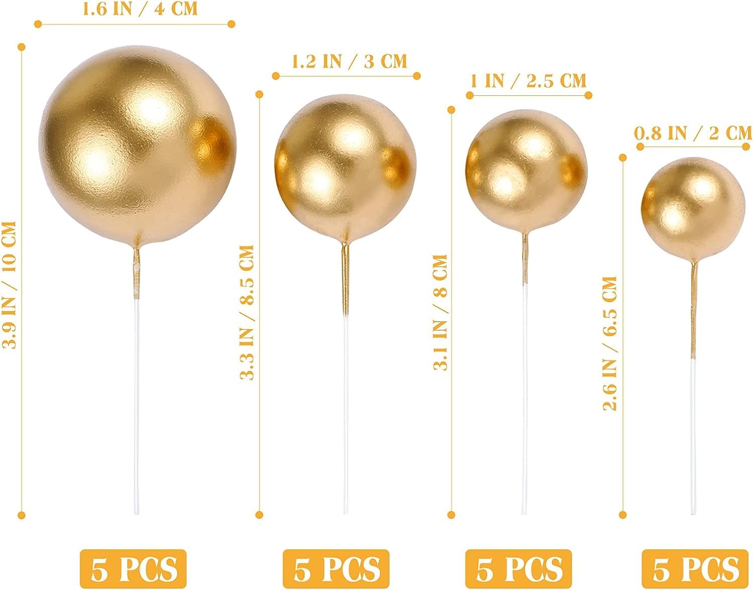 BAKING SET 20pcs Golden Faux Ball Toppers for Cake Decoration 4 Size Mix Ball Cake Topper Happy Birthday Topper 1 2