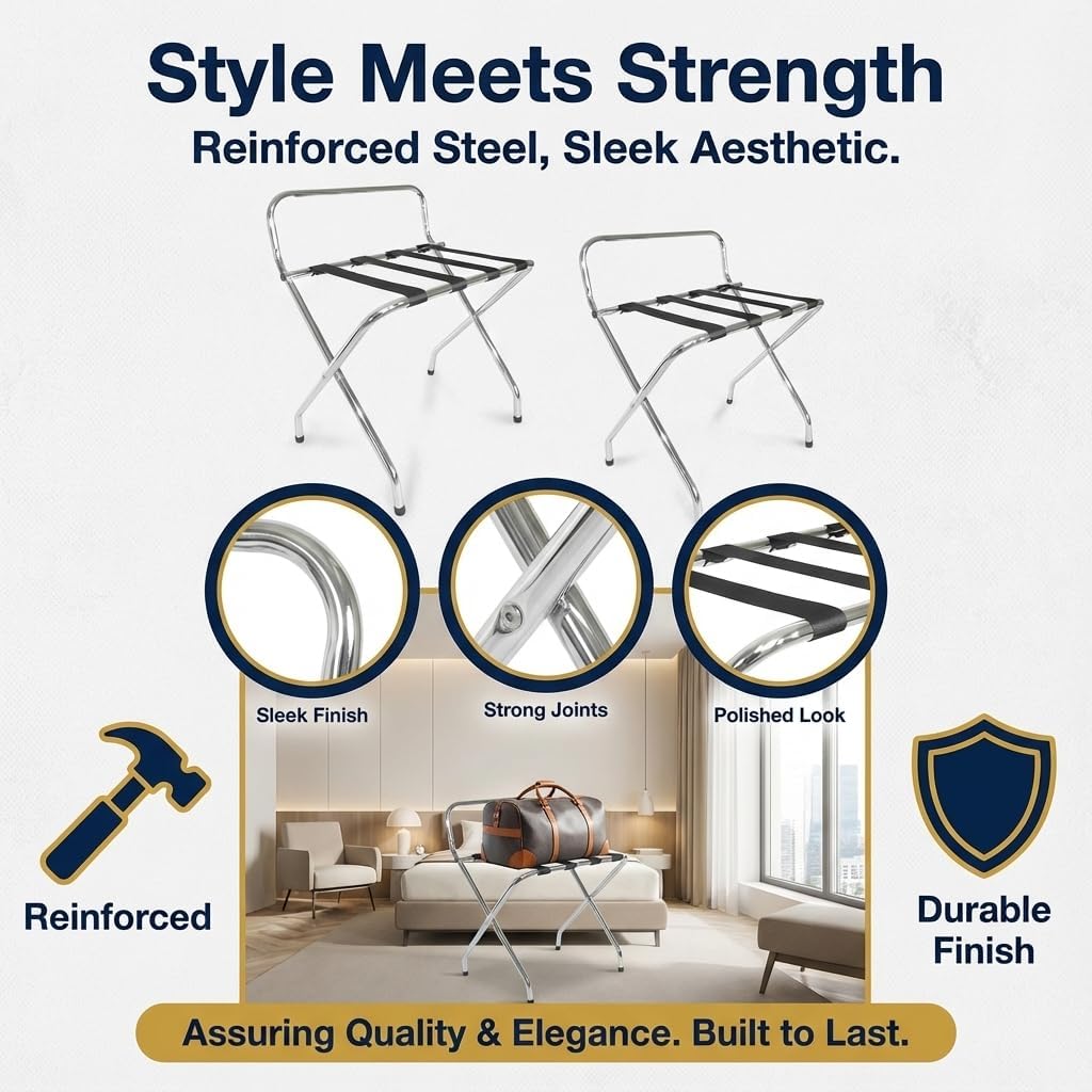 Luggage Rack, Foldable Suitcase Stand, Metal Luggage Holder for Guest Room, Foldable storage steel frame | Suitcase Stand Perfect for Bedrooms, Hotels, and Travel | Holds Up to 50-100 lb (Single Rack with High Back (DIY) - Pack of 2)