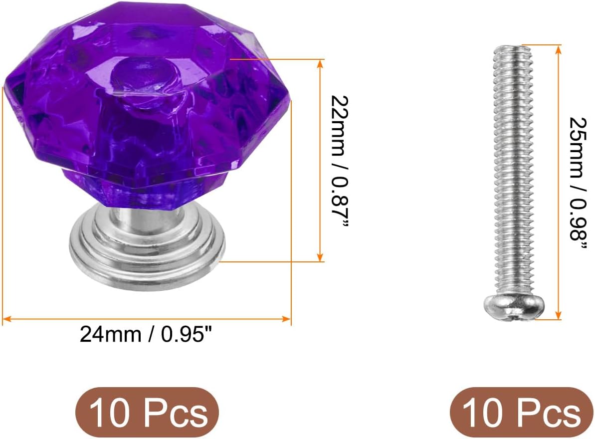 uxcell 10 Pcs Crystal Cabinet Knobs 24 mm Drawer Pulls Crystal Drawer Knobs for Cabinet, Cupboard, Wardrobe, Dresser, Purple/Silver