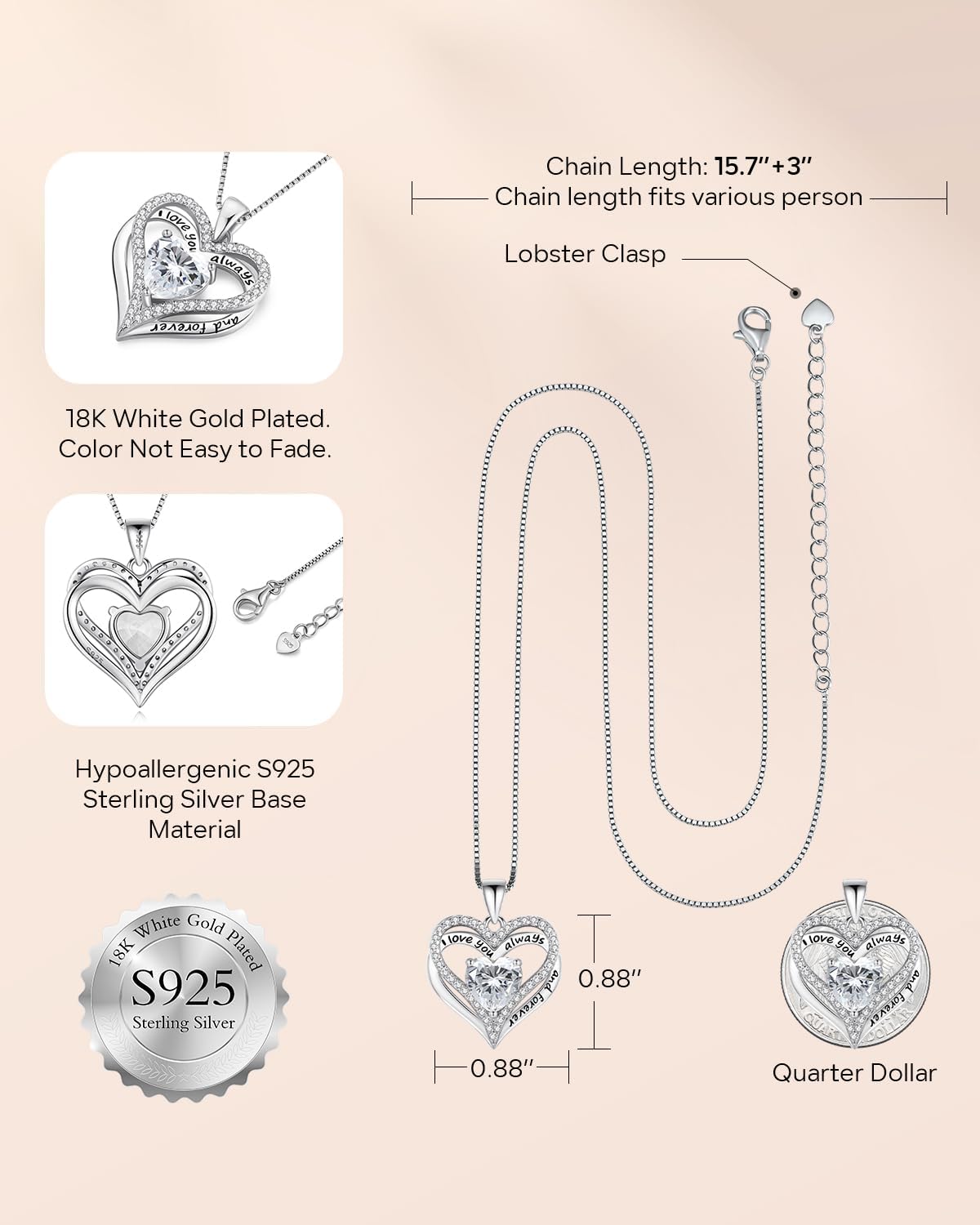 S925 Sterling Silver Necklace for Women, Wife Jewelry Rose Gold, Mom Birthday Valentines Mothers Day Gifts, Girlfriend Necklaces, Daughter Heart Jewel, Anniversary for Her