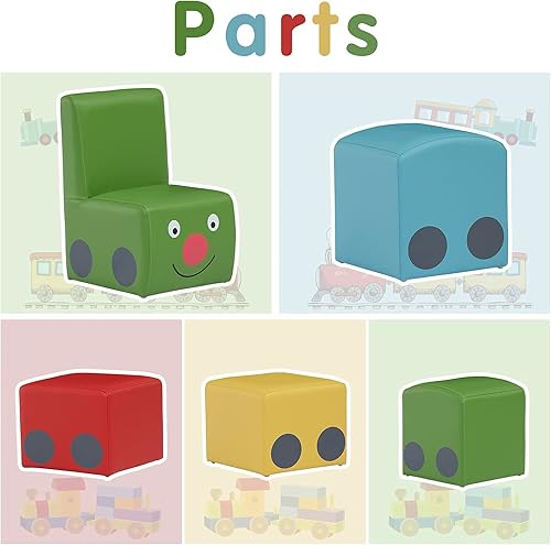 Miniatura 4 de Kinsuite Juego de sofá para niños 5 piezas de espuma de piel de PVC para niños pequeños marco de madera silla y taburetes para guardería escuela