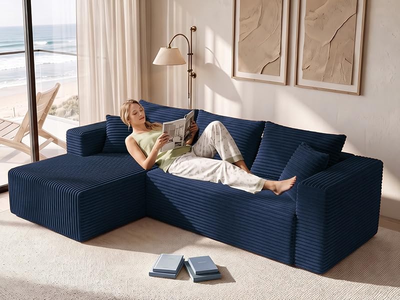 Image of 93 inch Boneless Couch, Modular Sectional Sofa for Living Room, Navy Blue