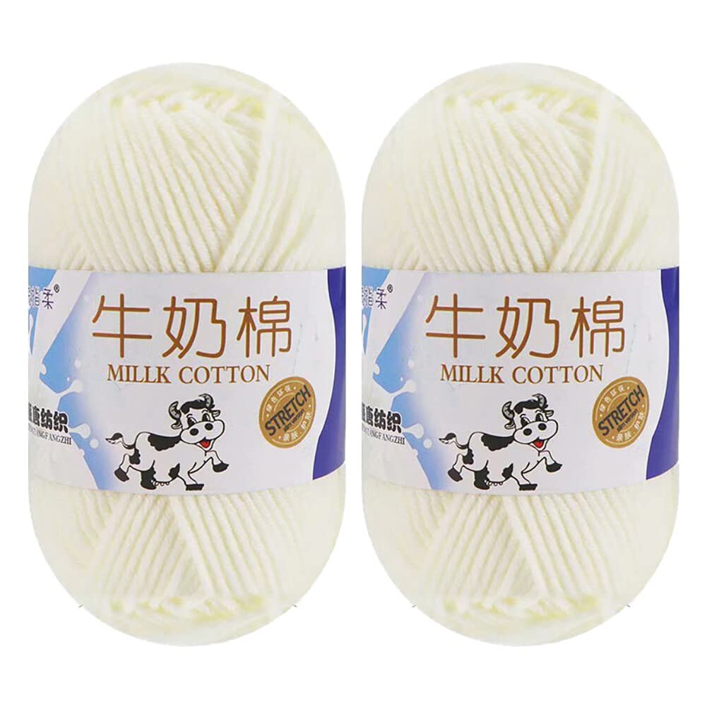 Milk Cotton Yarn for Crocheting, 2 x 50g Milk Cotton Yarn 5 Ply Chunky Knitting Yarn Solid Color Soft Comfortable Crochet Yarn for Hand Knitting Baby Socks Hats Dolls