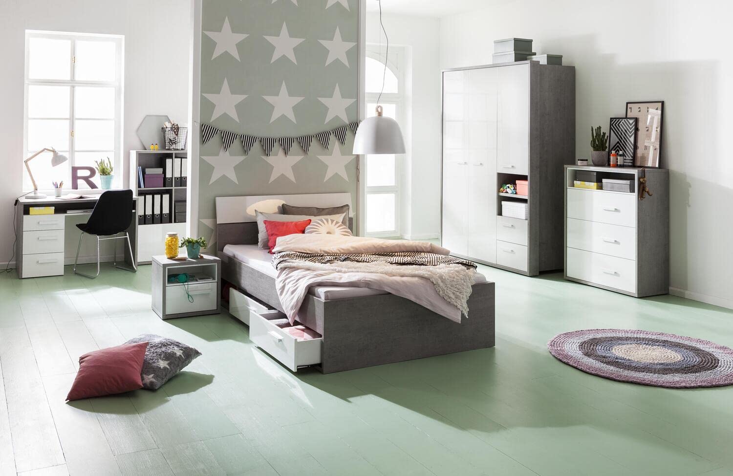 Composad | Letto Piazza e Mezzo con Cassettoni della Linea MIPIACE, Letto Moderno, (LxAxP) 126,40x87x211,80 cm, Colore Grigio Cemento e Bianco laccato, Made in Italy