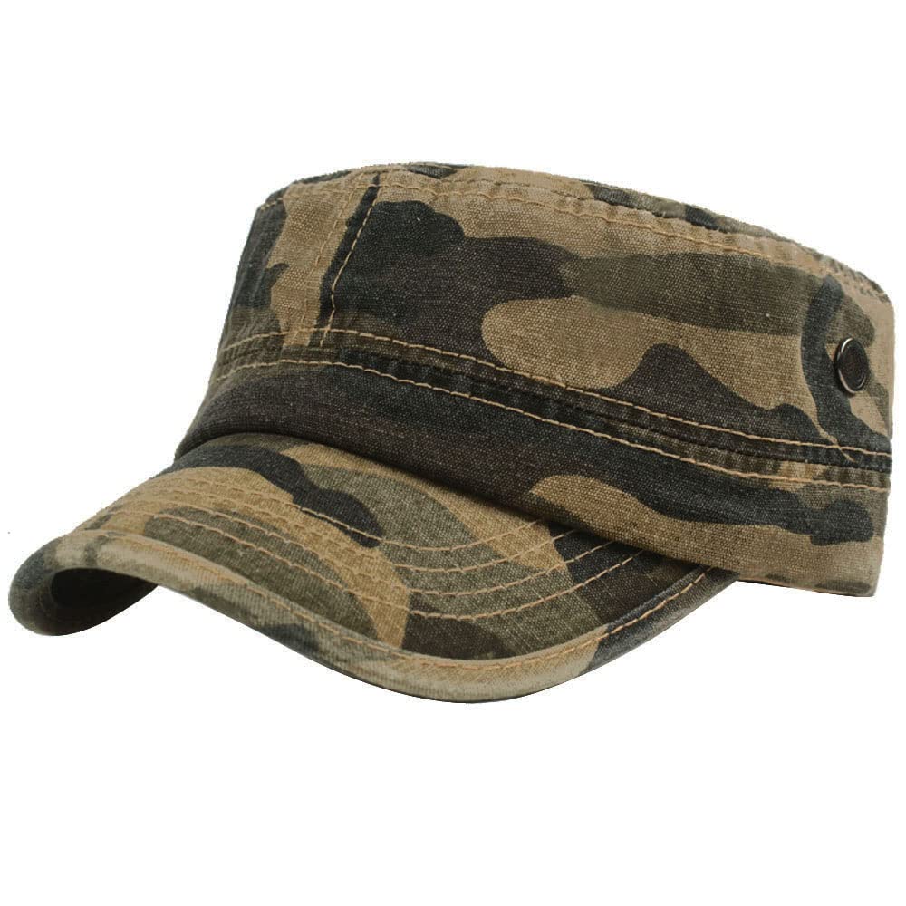 Kangqifen Men Camouflage Army Cap Cotton Cadet Hat Military Flat Top Adjustable Baseball Cap Brown