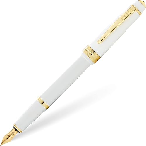 Cross Bailey Pluma estilográfica de resina blanca ligera pulida y tono dorado, punta fina