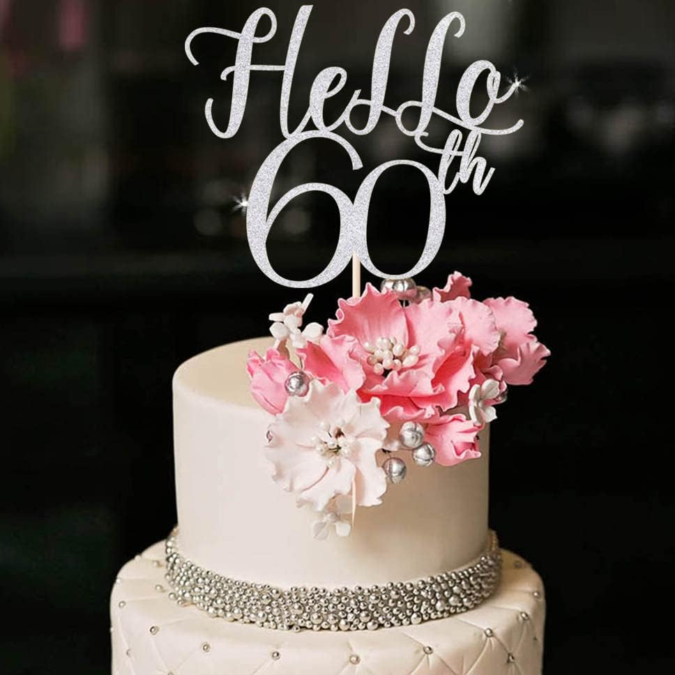 Miniatura 3 de YUINYO Hello 60th - Decoración para tartas de cumpleaños con purpurina hecha a mano con purpurina para cumpleaños 60, decoración de banderines para