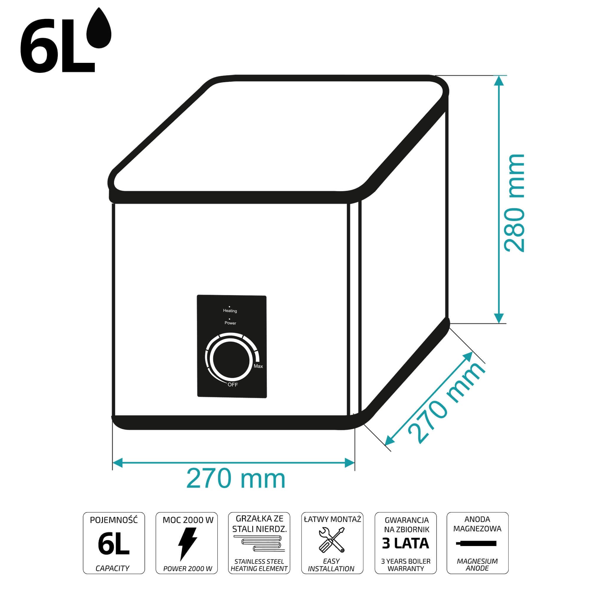 SIGO - Scaldacqua istantaneo 230 V, boiler elettronico compatto, ufficio, officina, casa vacanze, negozio, locali di servizio - Attacco inferiore, 6 l - 2000 W - NAPOLI Bianco