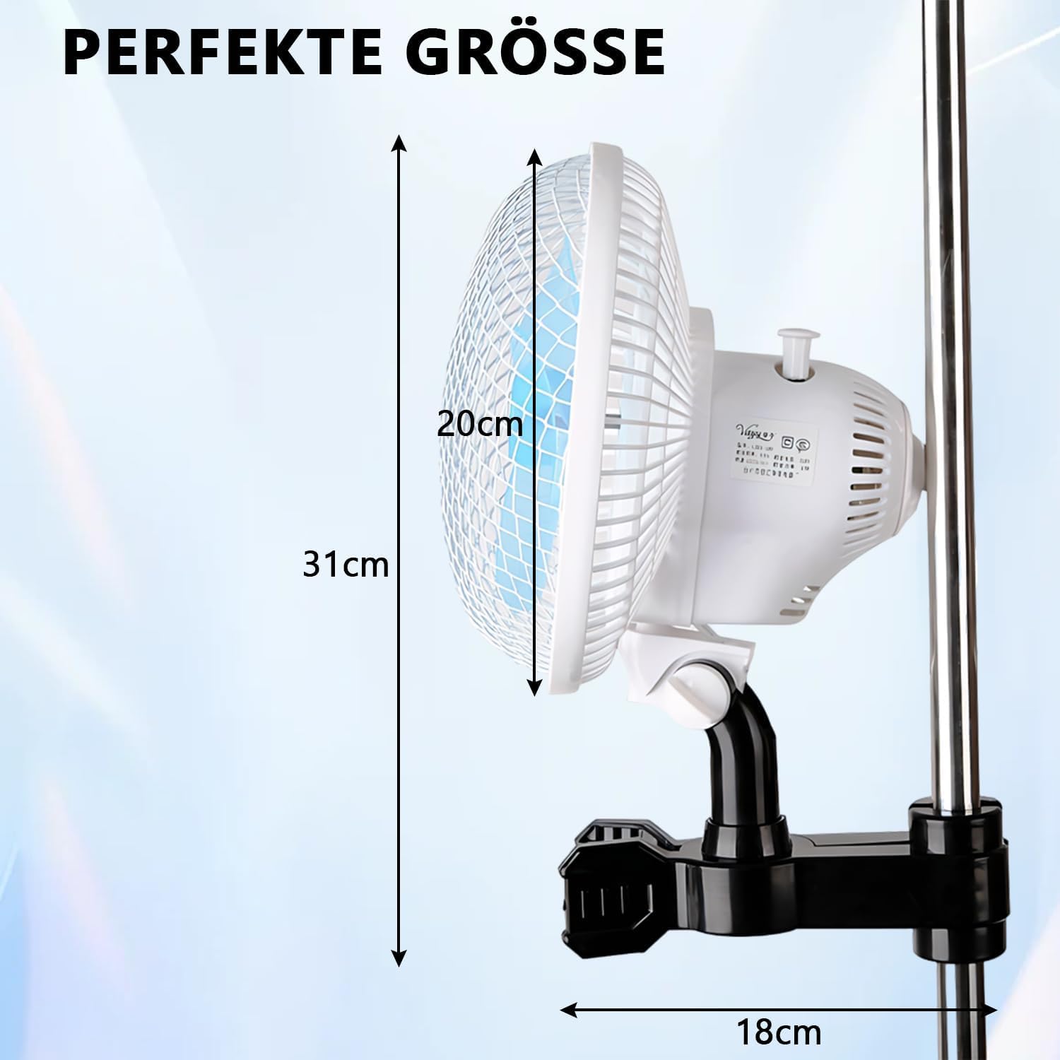 Ventilador con clip de 150 cm para montaje en poste de 1,6 a 2,7 cm, ventiladores de crecimiento oscilantes con cable de 3 m, 39 dB silencioso