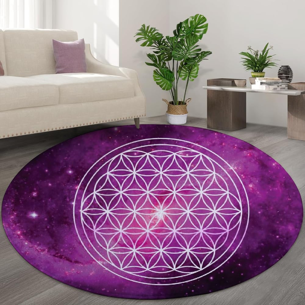 Tapis rond 3D violet galaxie résistant aux taches et lavable pour rajeunir un salon fatigué