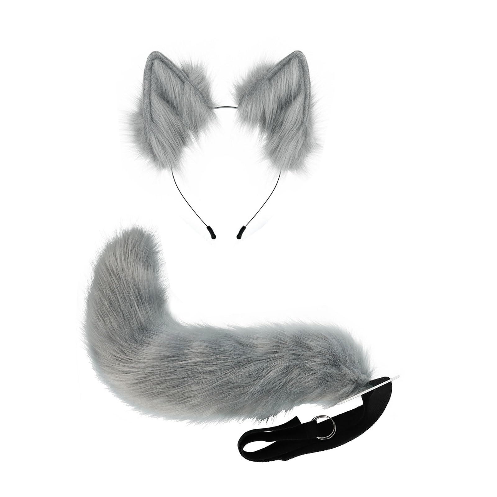 2 Pcs Faux Fur Cat Fox Wolf Ear and Tail Set Handmade Fancy Party Funny Gifts Fluffy Therian Stuff Fox Furry Costume for Adults, Men and Women Costume,Halloween,Masquerade Prop,Christmas,Grey