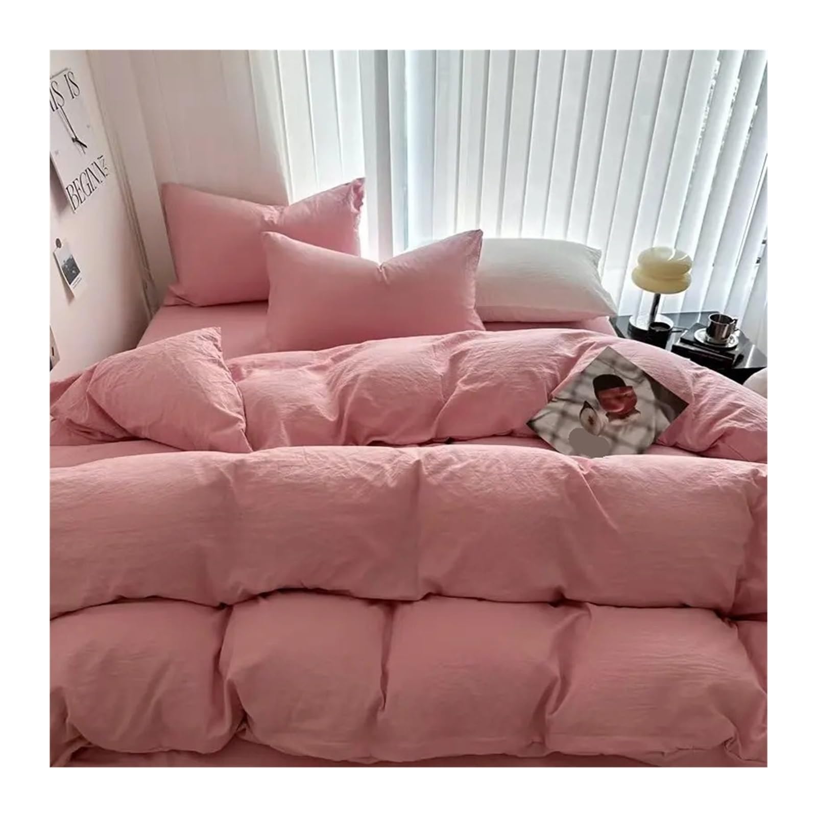 Parure de lit coton lavé rose 220x240 avec drap housse de couette 2 personnes et taies d'oreiller