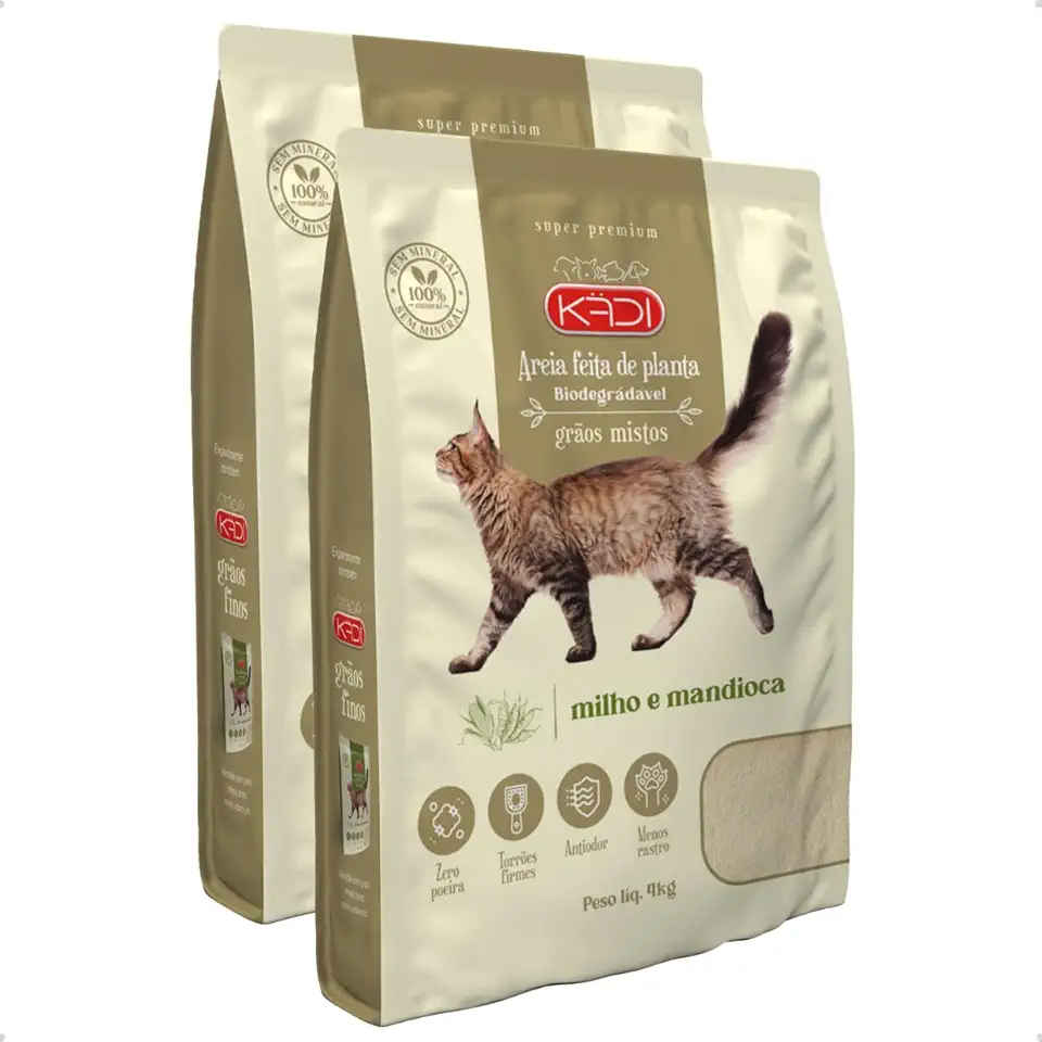 Kit 2 Pacotes Areia Higiênica Natural Biodegradável de Grãos Mistos de Milho e Mandioca para Gatos Kadi 4 kg