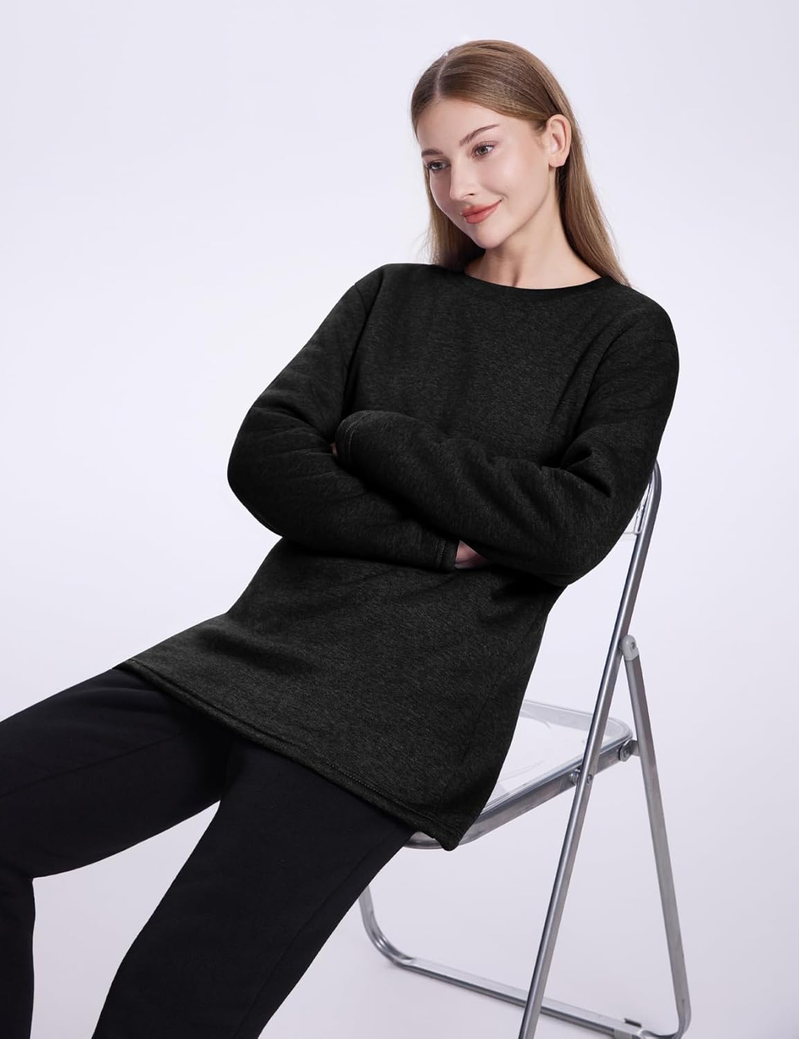 PEHMEA Women's Warm Sherpa Lined Fleece Pullover Winter Crewneck Sweatshirt Loungewear Tunic Tops - Image 2