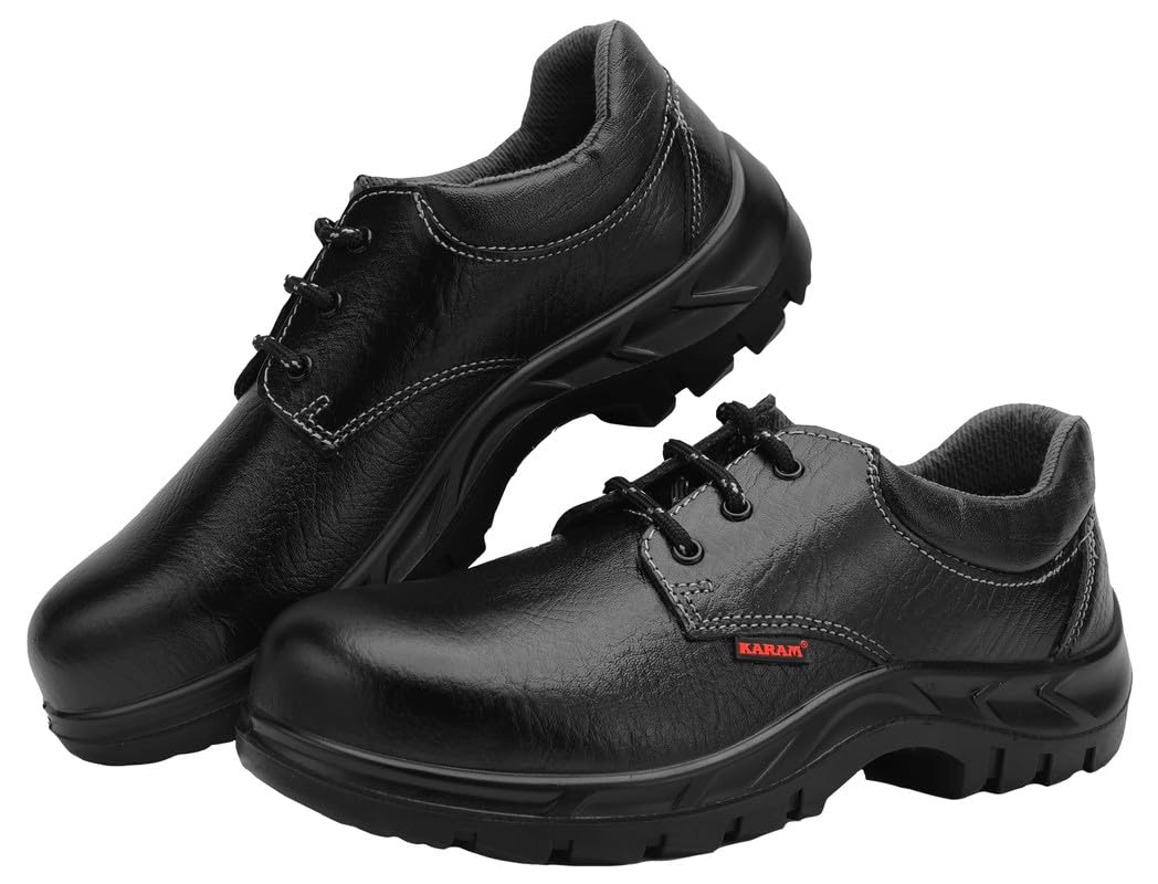Karam FS02 Black Leather Safety Shoes for Men | Single Density with Steel Toe | Antistatic, Antislip, Oil & Heat Resistant | Size-12