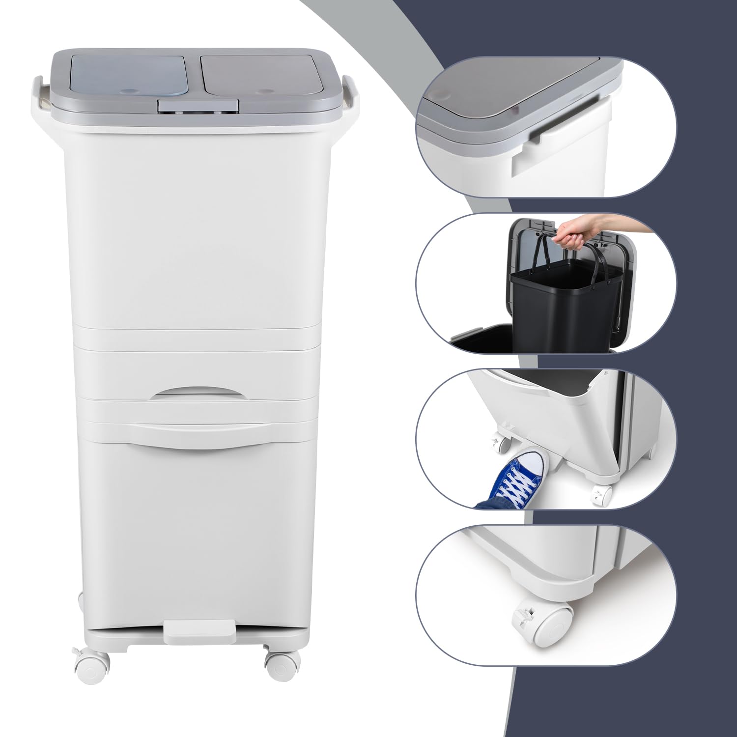 Pattumiera da cucina a 3 scomparti, 42L, separazione umido e secco, coperchio doppio, pedale, ruote, bianco