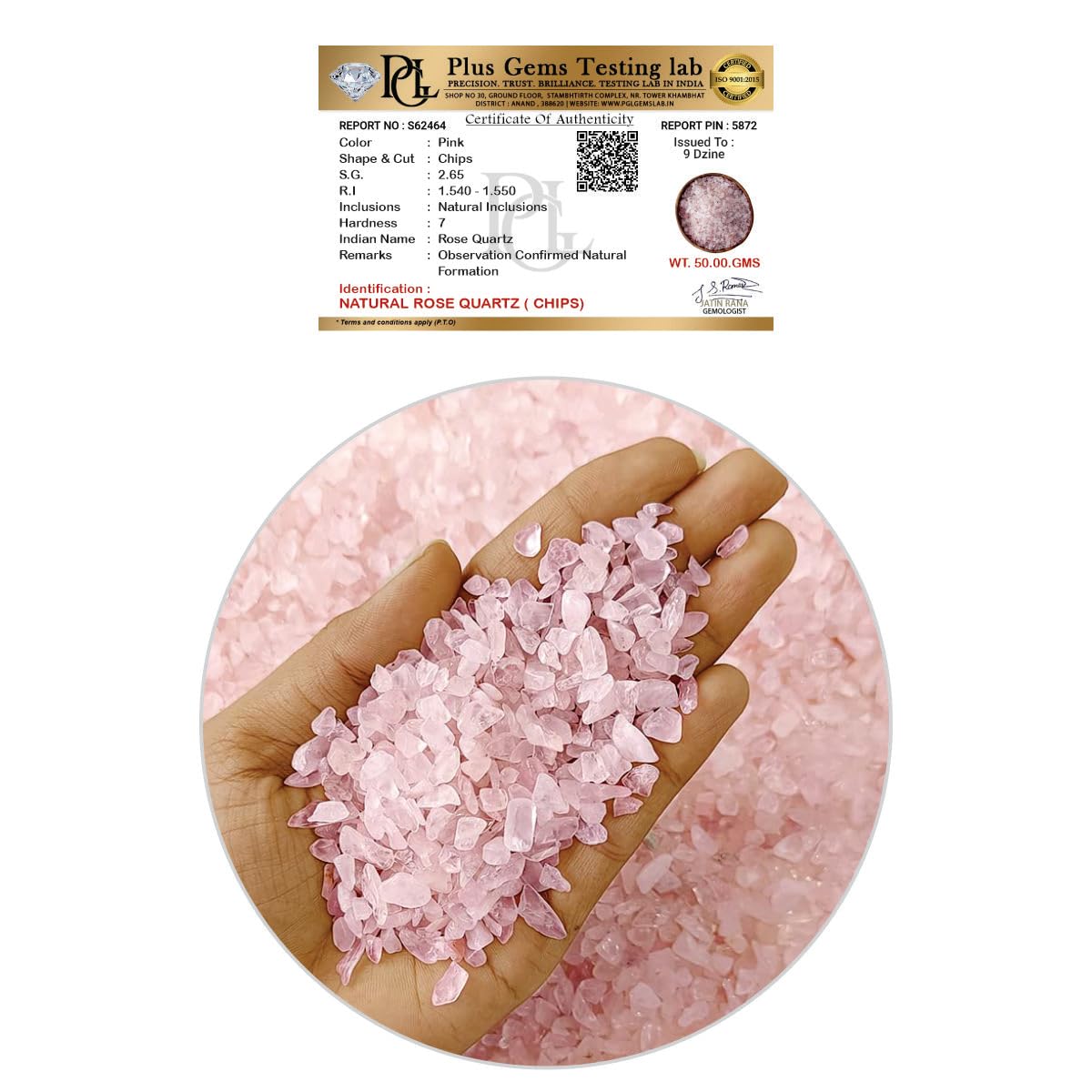 Certified Rose Quartz Crystal Chips 50 GM with Authenticity Certificate | Natural Pink Quartz Decorative Stone Chips for Pooja Room, Meditation, Vastu, Crafts, Resin Art & Aquarium Décor