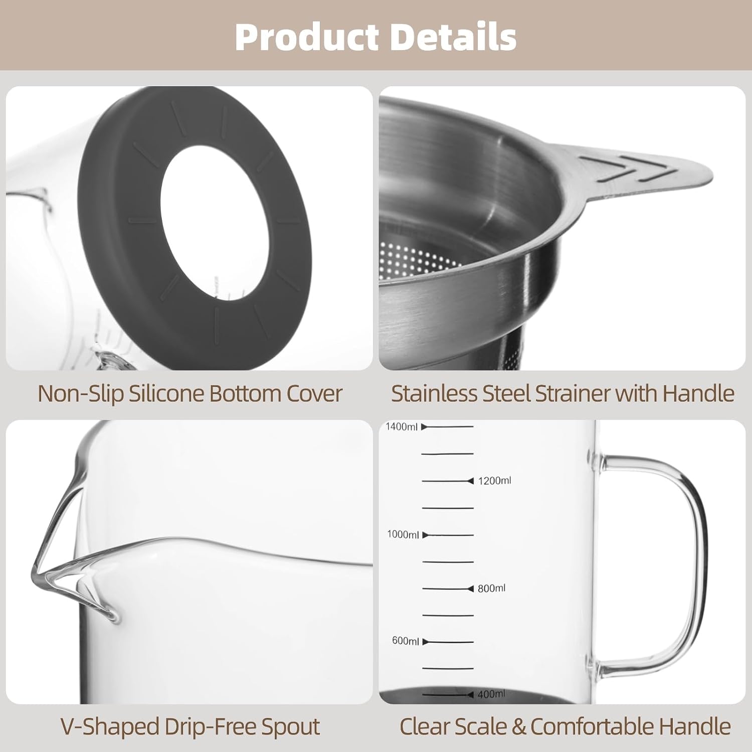 Greek Yogurt Strainer, 50 oz Nut Milk Strainer, Juice Food Strainer, Glass Teapot with Mesh Strainer, Iced Tea Pitcher, 1500 ml Heat & Cold Resistant High Borosilicate Glass Jug with Handle and Lid