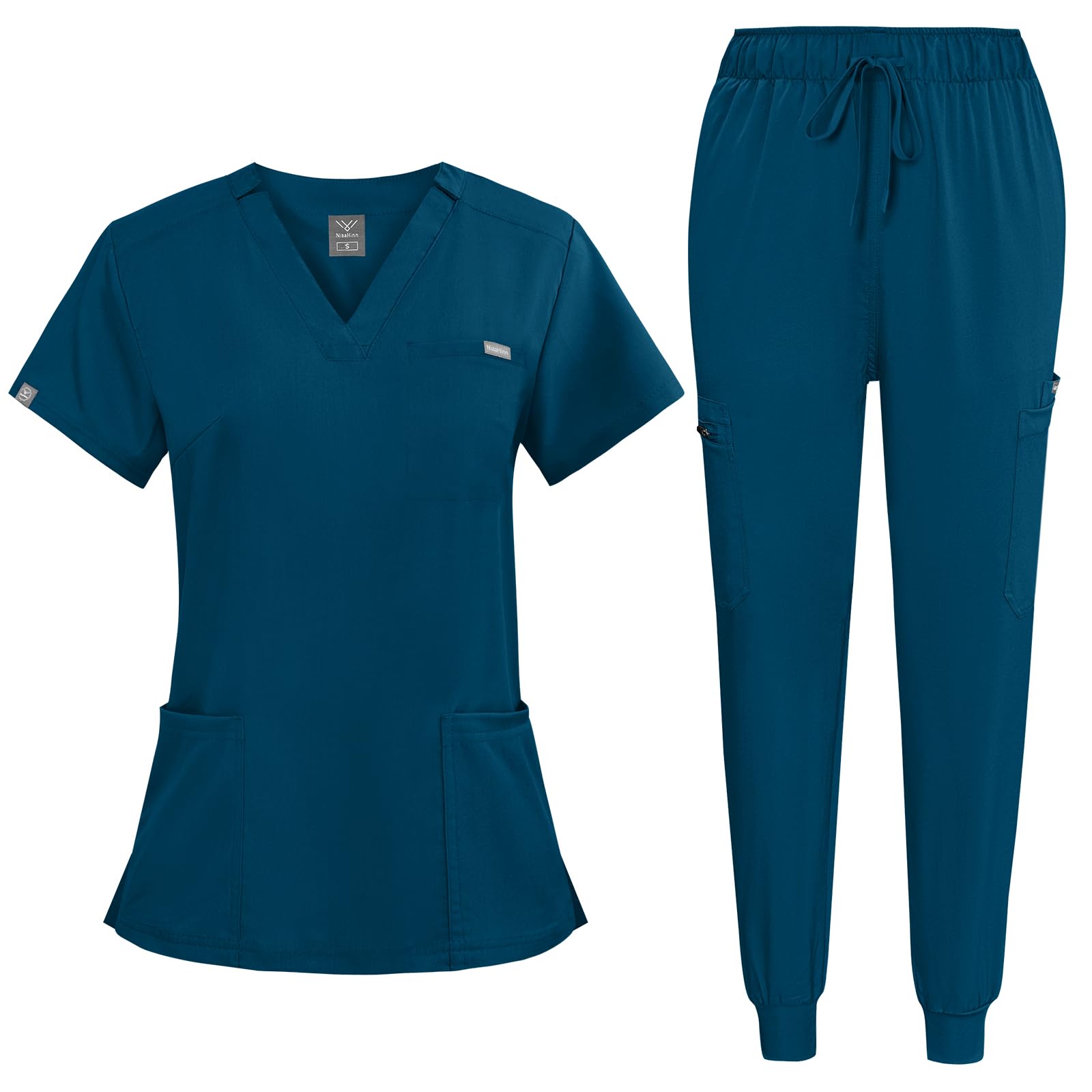 niaahinn Scrub for Women Scrubs Top with Classic V-Neck & Yoga Jogger Pants Medical Nursing Uniform Scrub Set (Caribbean Blue, M)