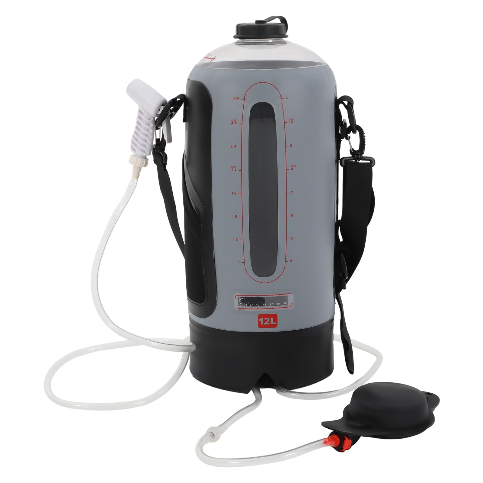 Doccia da campeggio portatile da 12 l, con pompa a pressione, riscaldamento solare e indicatore di temperatura, impermeabile, per campeggio, escursionismo, giardino, con borsa portaoggetti, tracolla e