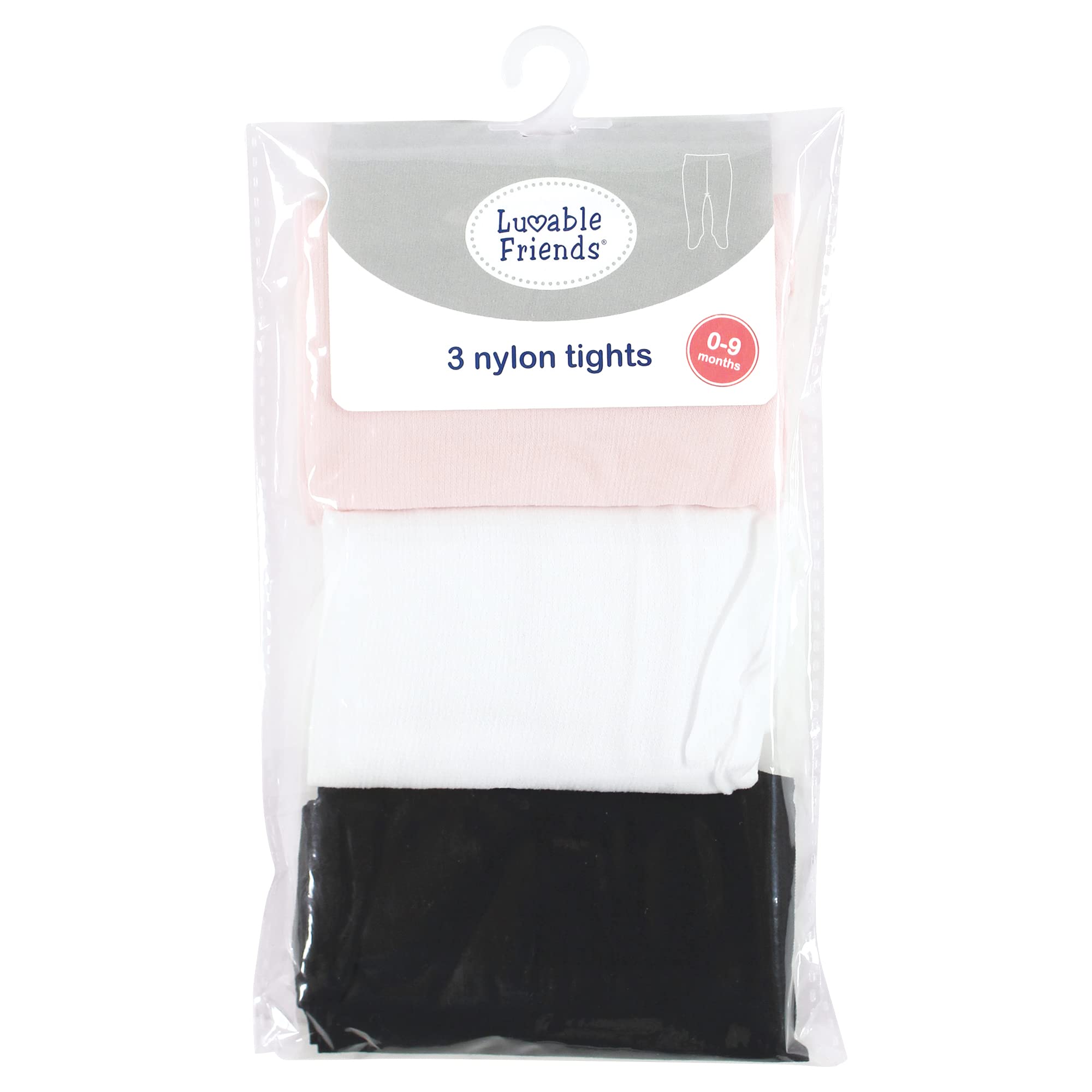Luvable Friends Baby Girls' Nylon Tights, 3 Pack, Pink/White/Black, 9-18 Months