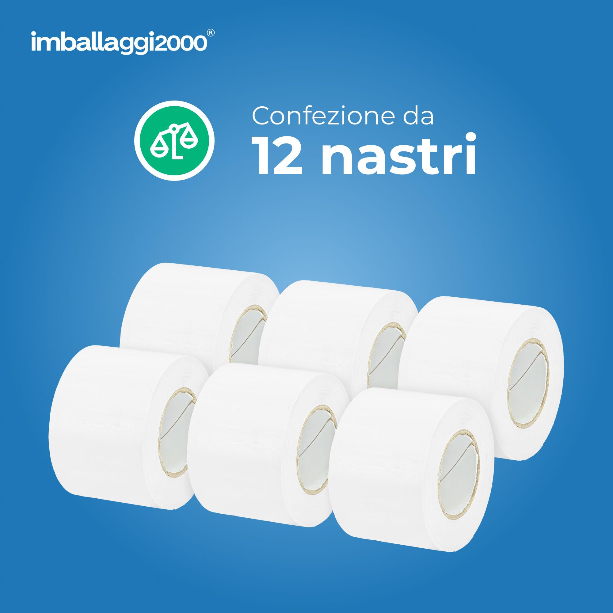 IMBALLAGGI 2000 - Nastro Isolante Bianco Autoestinguente 12 Rotoli 5cm x 25m, Nastro Adesivo Alta Resistenza e Adesione, Gomma Naturale per Isolare e Riparare Cavi Elettrici, Fai da Te e Professionale