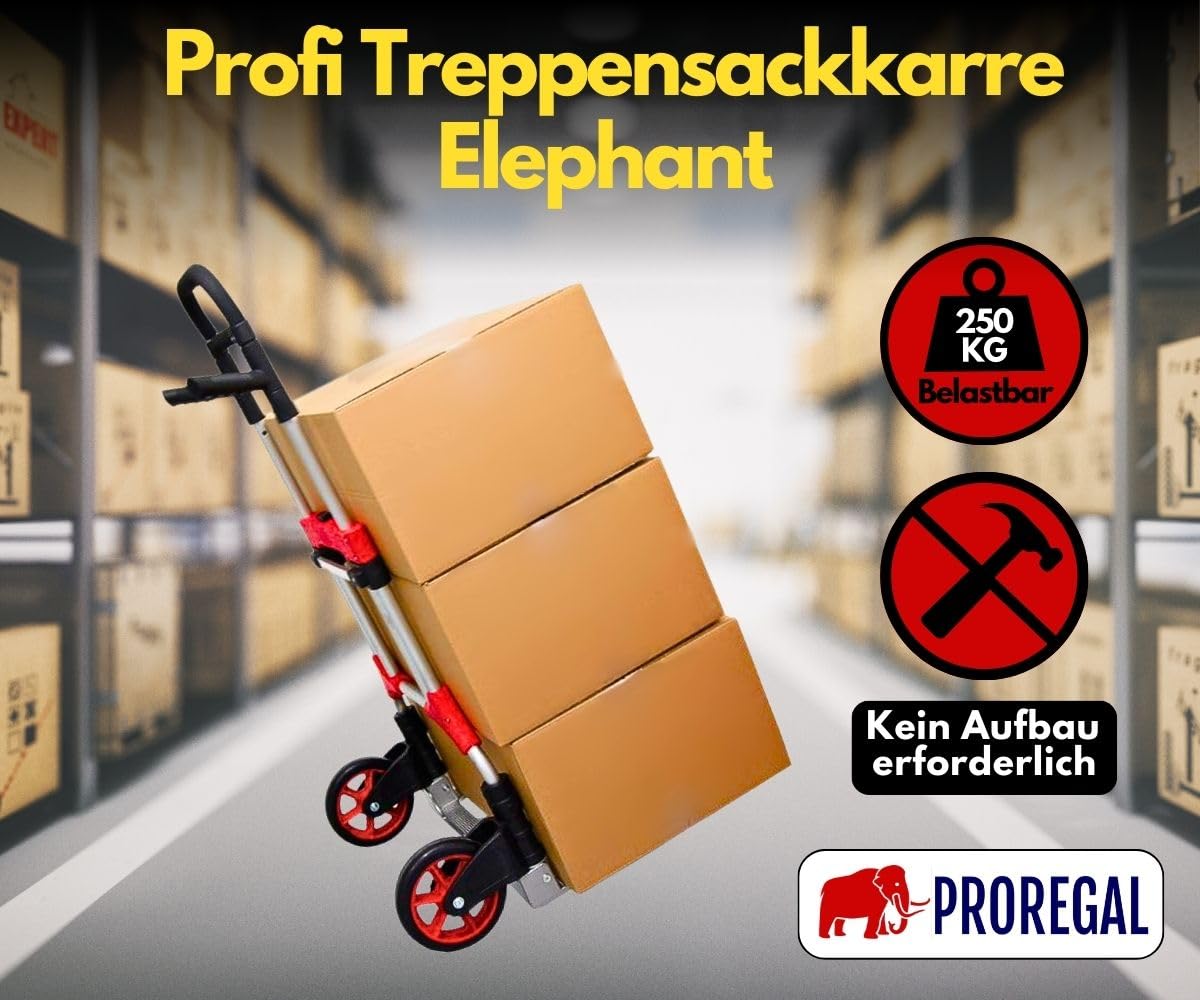 PROREGAL Klappbare Profi-Sackkarre Elephant | HxBxT 112x60x61cm | Traglast 250kg | Aluminium, ergonomische Griffe, Leichtlauf-Vollgummiräder | Schwarz-Rot-Silber | Transportkarre Staplerkarre