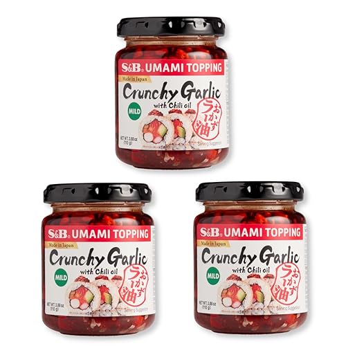 Miniatura 1 de SB Aceite de chile japonés con crujiente cobertura de ajo Rayu, ajo picante ponerlos en todo, alimentos, sushi, salsa salada Umami, 3.9 onzas