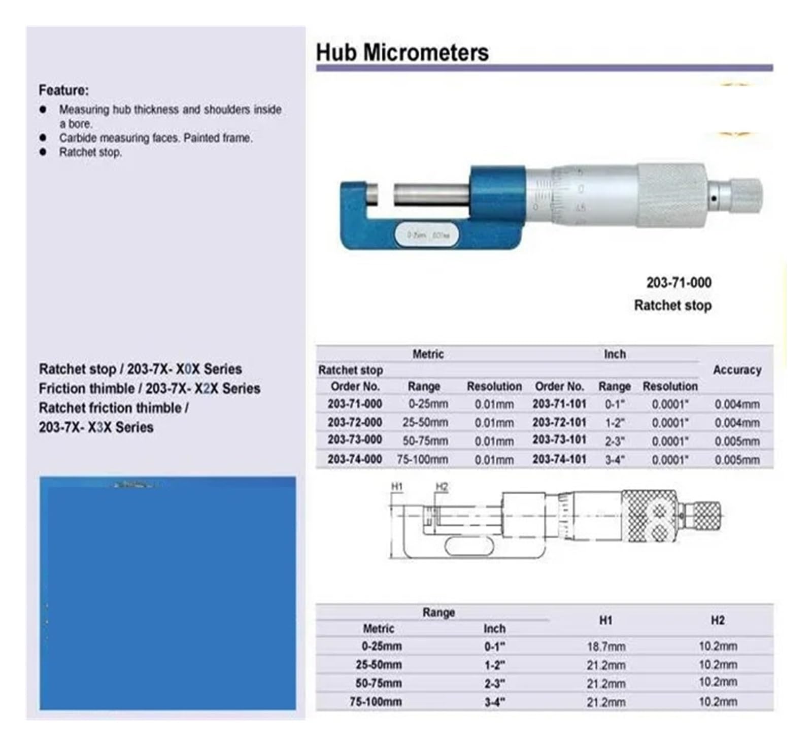 NURII Hub Micrometers, 0-25mm.0-1inch, 203-71-000, Wheel Micrometer(4157013 50-75mm)