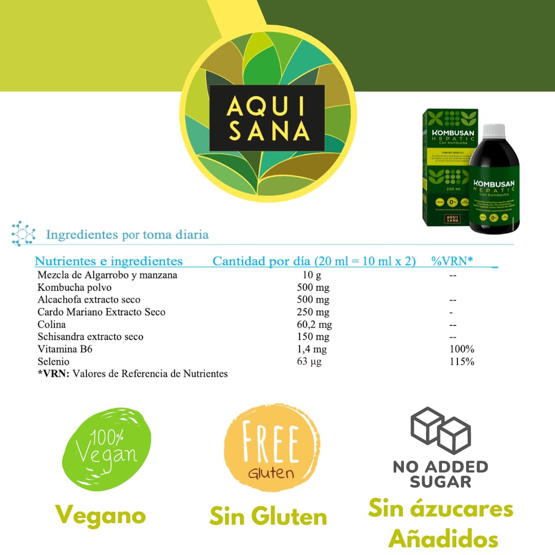 Kombusan Hepatic - Complemento Alimenticio a Base de Kombucha -Formato 200 ml- Favorece la Protección del Hígado - Ideal para Mejorar la Digestión - Alto Contenido en Vitaminas - Aquisana