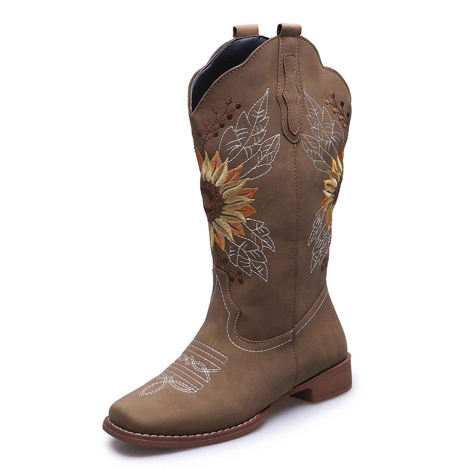 Ladmiple Cowboy Boots For Women Wide Calf Low Heel Pointed Toe Chunky Heel Cowgirl Embroidered Western Boots Pull On