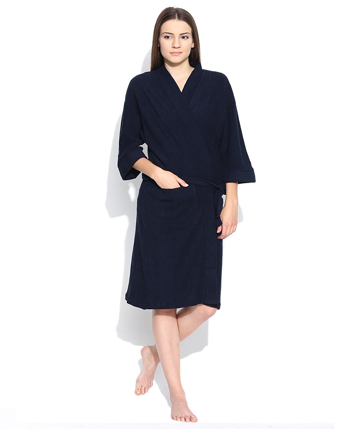 ELEVANTO Premium Collection 3/4Th Sleeve Terry Bathrobe-Free Size Navy