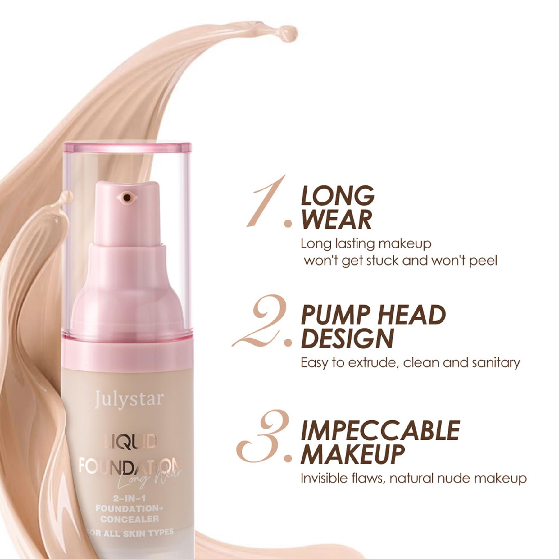 Matte Liquid Foundation, Long-lasting Waterproof 24H Full Coverage Makeup, Hydrating & Lightweight, Conceals Imperfections - Image 3