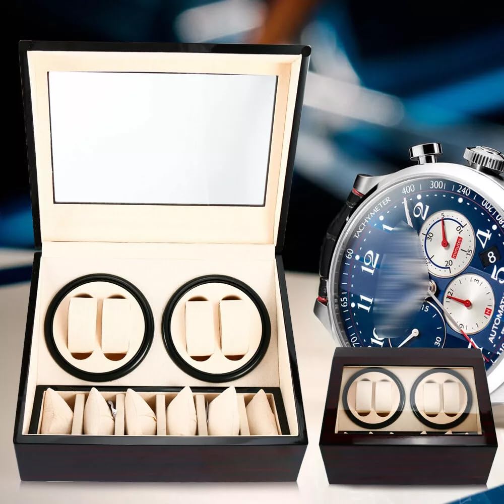 Scatola carica orologi automatica, 4 orologi + 6 spazi extra, in pelle PU, caricatore automatico per orologi automatico, per esterni in legno di sandalo e interni bianchi