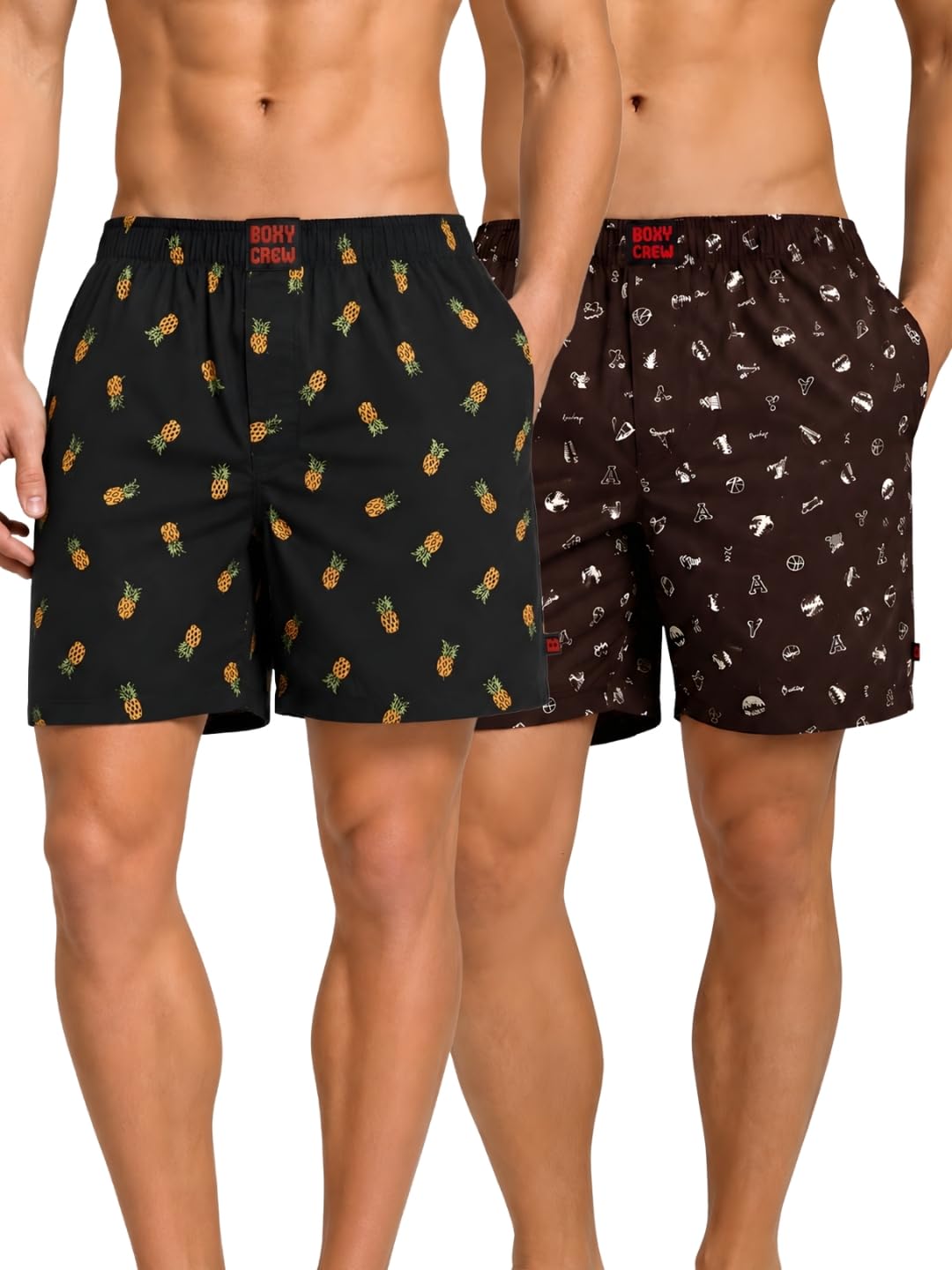 boxy crew Men Boxer Shorts Pack of 2, 100% Cotton Woven Boxers, Charcoal & Brown, Printed Designs, Dual Side Pockets, No-Marks Inner Elastic Waistband, Relaxed Fit Lounge & Sleep Shorts-picture-47