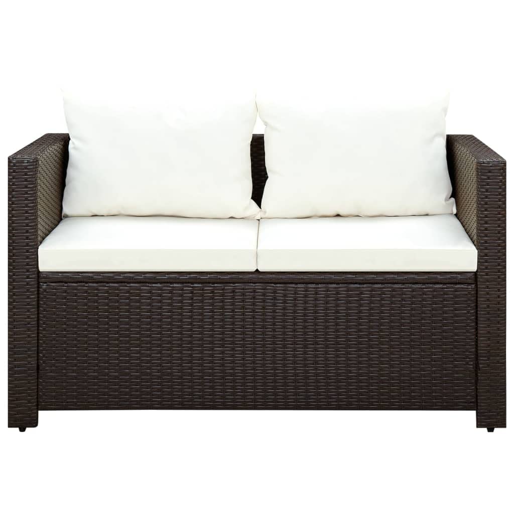 Juego de muebles de jardín de ratán sintético, color marrón, con 2 bancos de jardín y 1 mesa de comedor, incluye cojines de asiento y respaldo para jardín, terraza y balcón