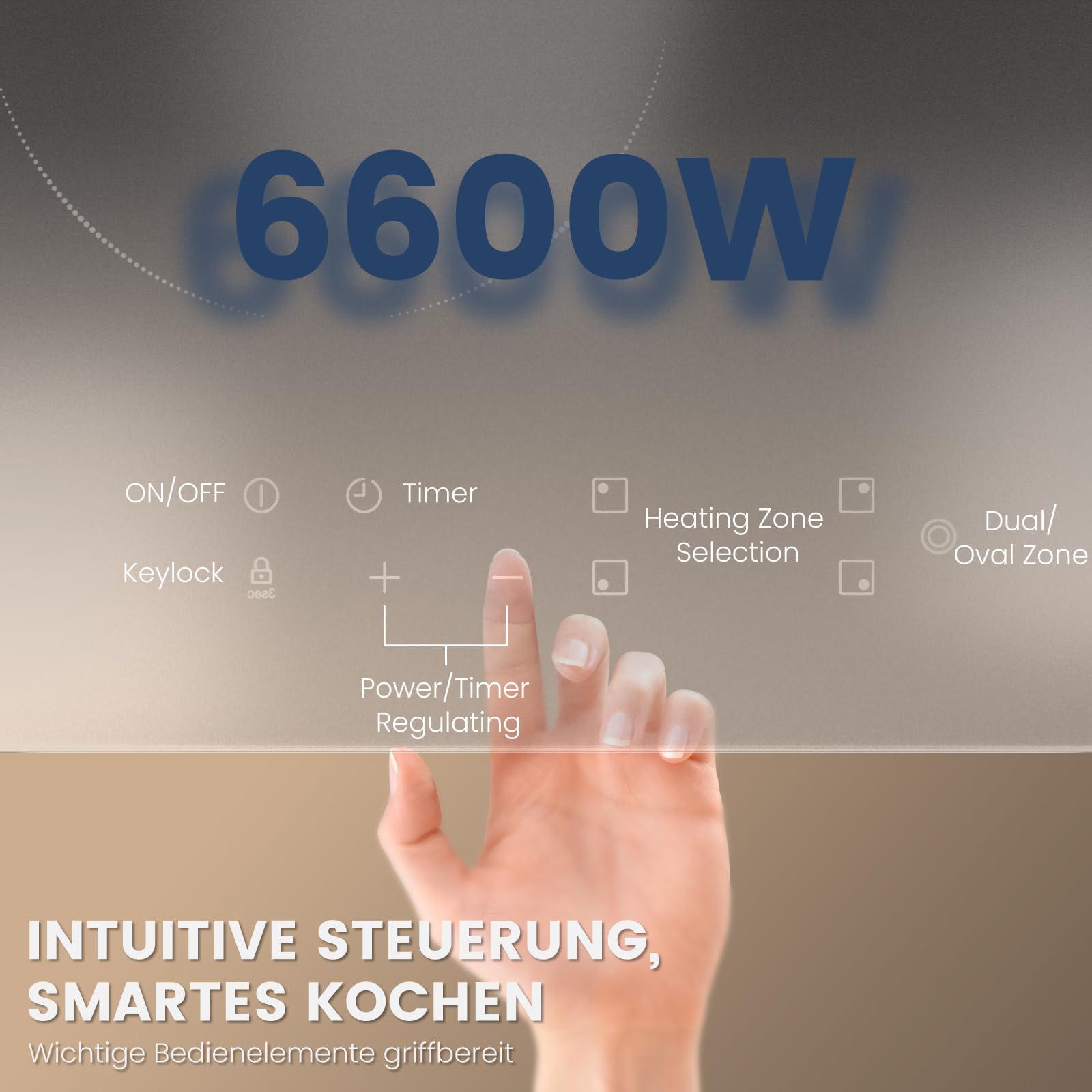 Glaskeramikkochfeld 4 Platten, Einbau-Kochplatte mit Abriebfeste Glaskeramik, 2 Jahre Garantie, 59cm, 6600W Touch, Doppelring- & Ovalzone, Timer 1-99 Min, Kindersicherung, für alle Töpfe